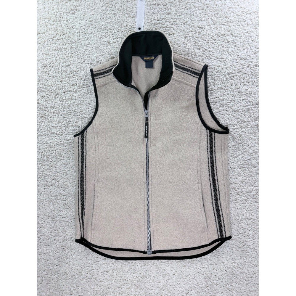 Womens Small Woolrich Techno Wool Vest Beige Black Stripe Full Zip Outdoor Boho